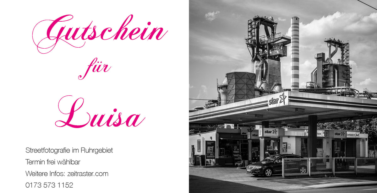 Gutschein für einen Fotografie workshop kurs, Streetfotografie ruhrgebiet, duisburg, essen düsseldorf, Tankstelle, hochöfen
